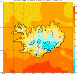 Eins og sjá má á þessari mynd er heldur kuldalegt yfir landinu bláa á næstu dögum. 